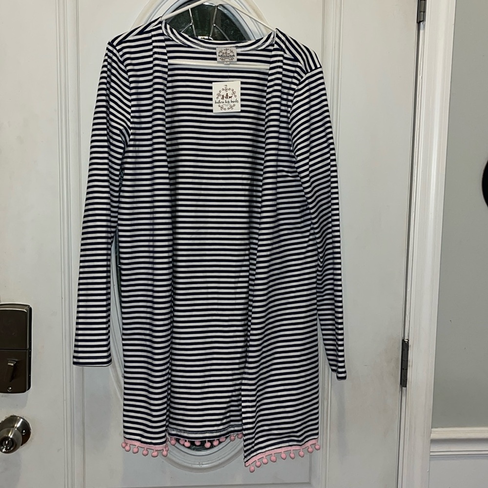 Large Woman’s Southern Sass Smocks Cardigan 
Blue and white stripes